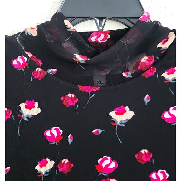 Top/Turtleneck Blouse-Popsugar-Black-Roses-Sheer-Lining-Long Sleeve-SIZE XL - Picture 2 of 13